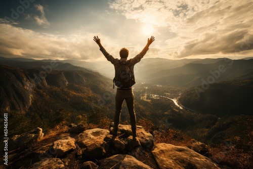 Person standing on a mountaintop with arms raised - stock photography concepts © 4kclips