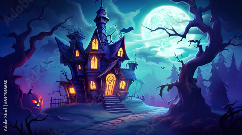 Cartoonish spooky haunted house from the outside at night with lightning and magical colors with smoke, scooby doo style with Generative AI