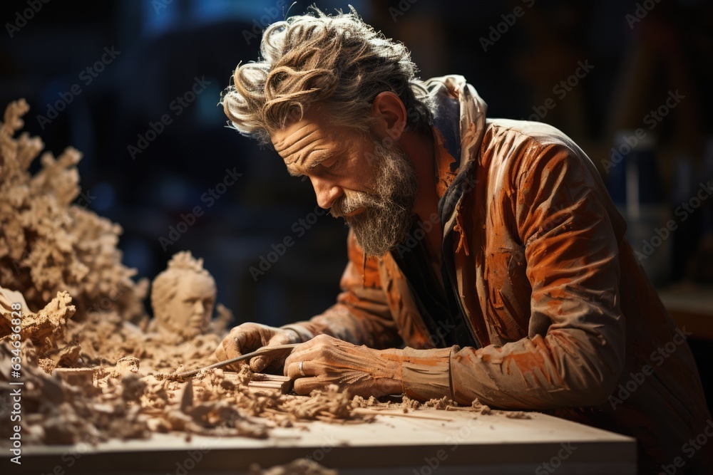 Sculptor shaping clay into a detailed sculpture - stock photography concepts