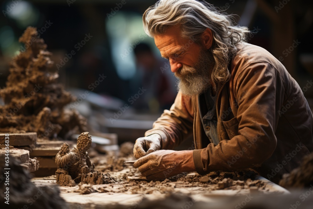 Sculptor shaping clay into a detailed sculpture - stock photography concepts
