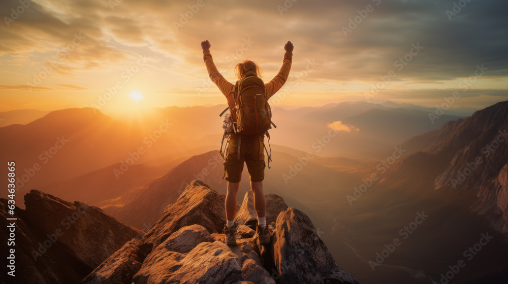 climber standing on the mountain with his hands up to success