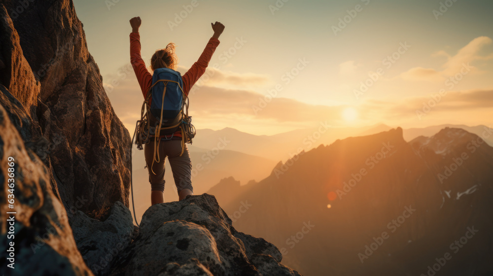 climber standing on the mountain with his hands up to success