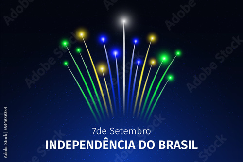 September 7, brazil independence day, brazilian colorful fireworks flag on blue night sky background. National holiday. Greeting card. Vector. Translation September 7th Independence Day of Brazil