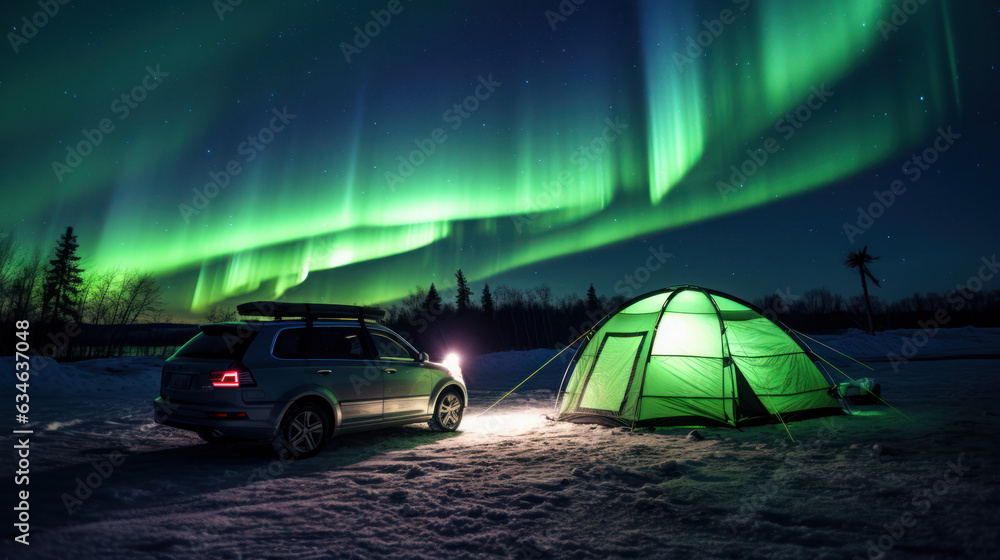 Car camping with aurora night light