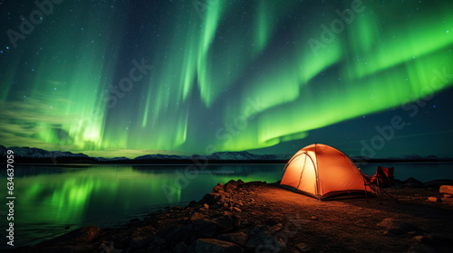 Camping at aurora night light landscape