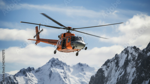 Rescue helicopter landing at snow mountains