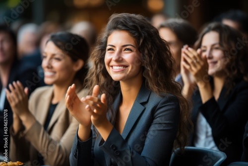 Teammates cheering and clapping for a members success - stock photography concepts