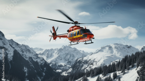 Rescue helicopter landing at snow mountains