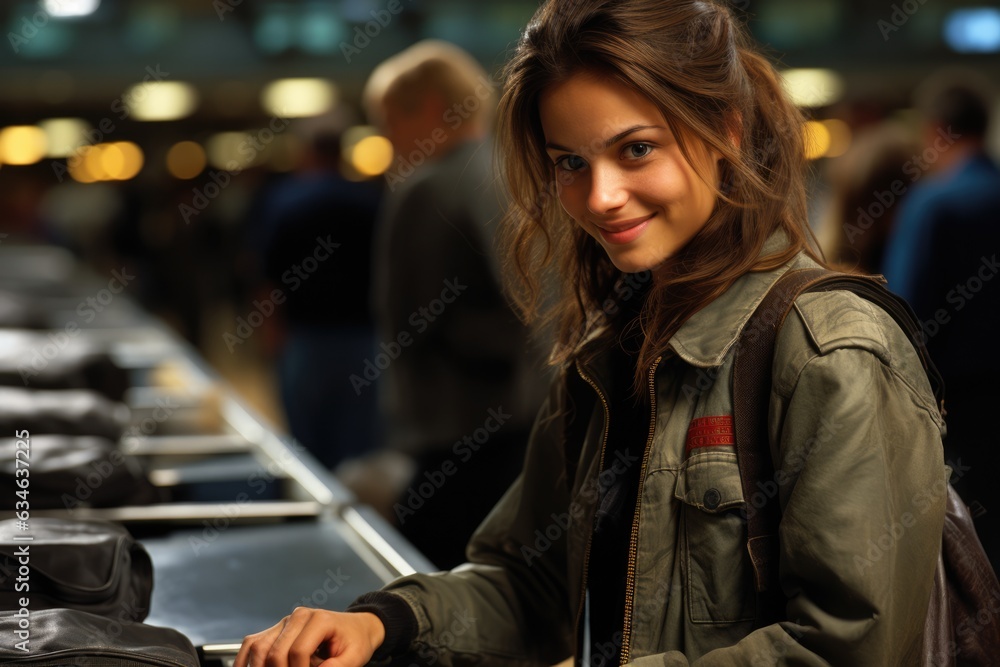 Woman checking in at an airport counter with a suitcase - stock photography concepts