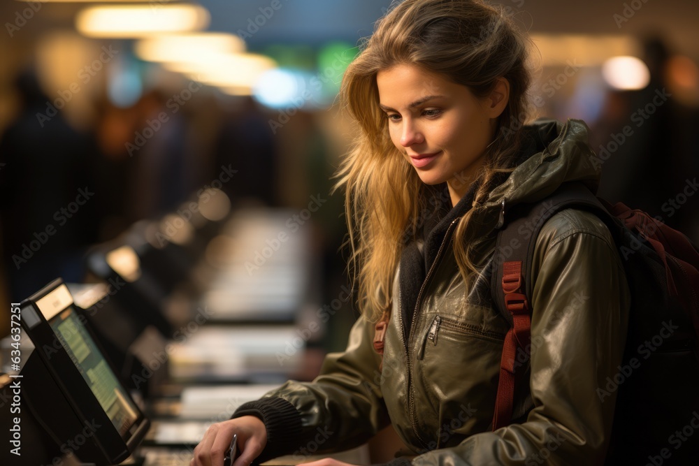 Woman checking in at an airport counter with a suitcase - stock photography concepts Woman checking in at an airport counter with a suitcase - stock photography concepts