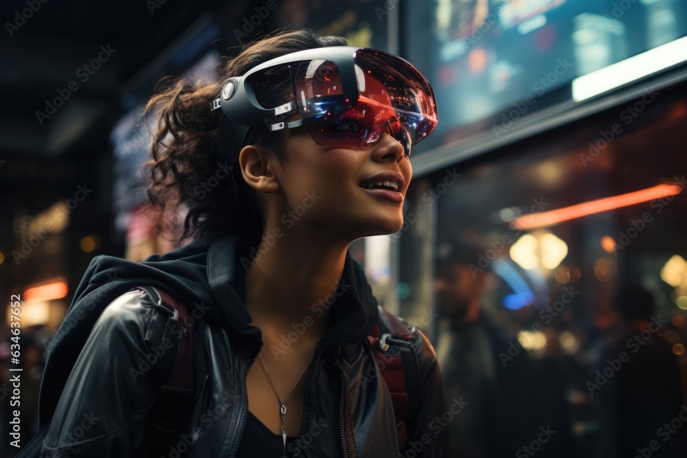Woman using augmented reality glasses to navigate a bus - stock ...