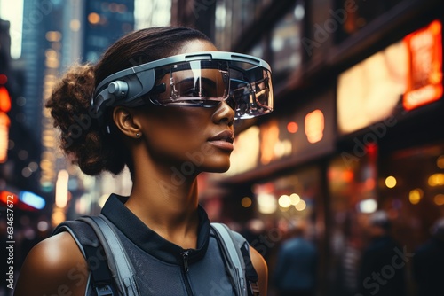 Woman using augmented reality glasses to navigate a bus - stock photography concepts © 4kclips