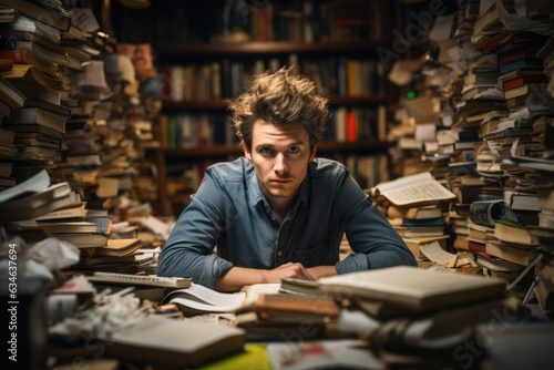 Writer brainstorming ideas while surrounded by books - stock photography concepts