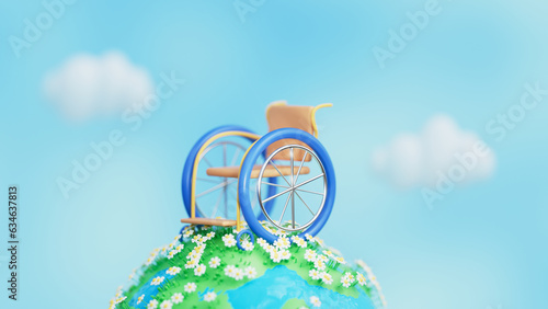 Wheelchair with abstract Earth. International Day of Persons with Disabilities. December 3 design concept. 3d render, 3d illustration.