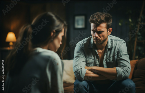 white, stressed, young couple in their 30s sitting on a sofa at home, argument atmosphere, offnded copuple full of anger and disepointment. Relationships problems concept.