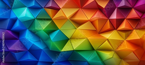 Fototapeta Naklejka Na Ścianę i Meble -  Abstract colorful rainbow colors texture with geometric triangular 3d triangles pattern wall background banner illustration, textured backdrop for design web, wallpaper (Generative Ai)