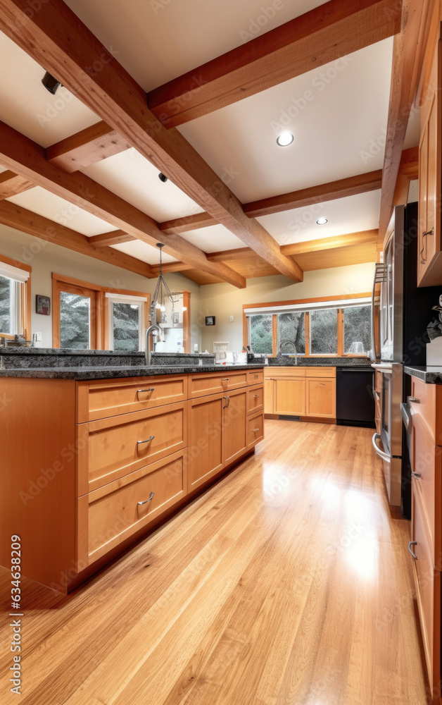 Fototapeta premium Kitchen interior in a wooden house with high ceilings and beams.
