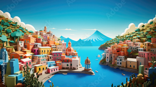 Paper art of panorama of the town of corfu country