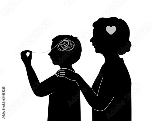 Silhouette of a child boy understand his stress and 
 mother supporting him, self-aware concept.