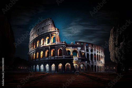 Canvastavla Colosseum illuminated at night in Roma, Italy