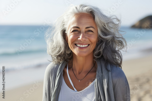 An aged woman with gray hair walks on the beach