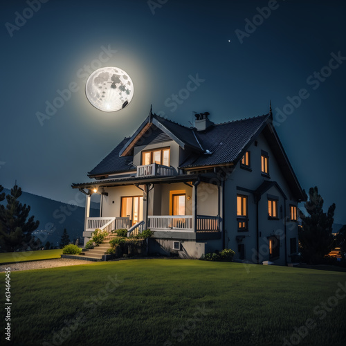 luxury home in the night with moon