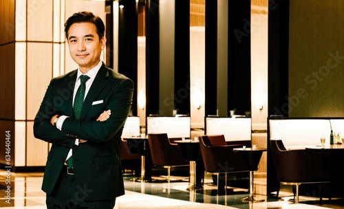 Happy middle-aged businessman CEO standing in hotels and resorts, arms crossed. Smiling mature confident professional executive manager, proud lawyer, businessman leader wearing a black suit.