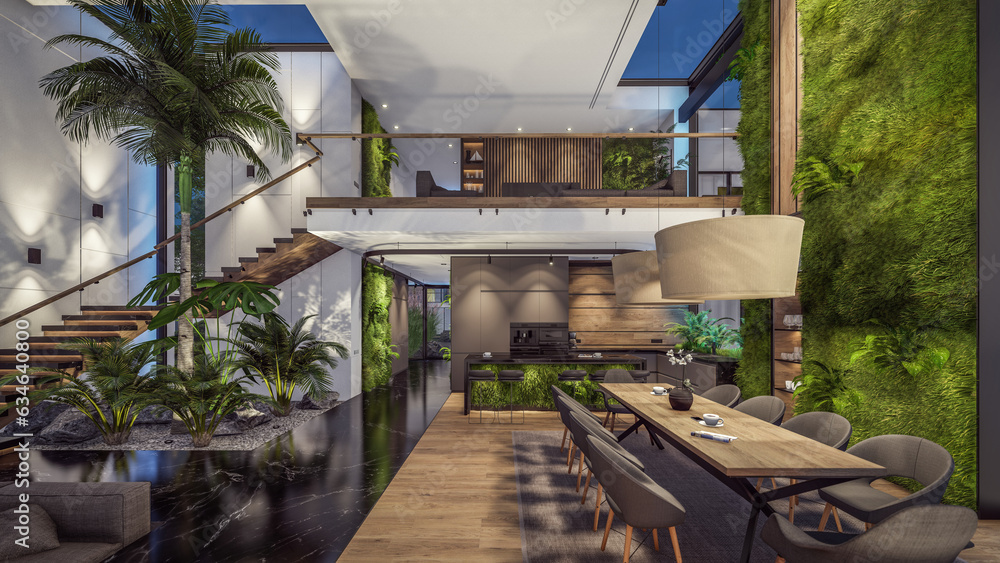 3d rendering of expensive cozy interior with green walls with living dining zone stair and kitchen for sale or rent. Warm interior lighting combined with cold light from night street - obrazy, fototapety, plakaty 
