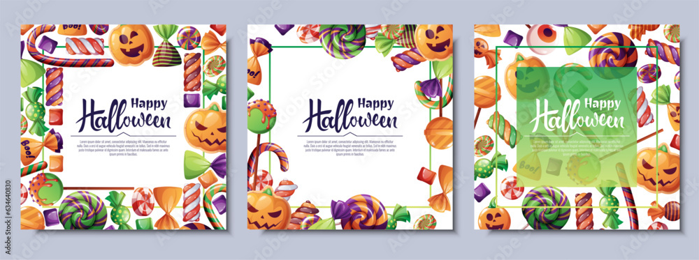 Set of vector backgrounds for Halloween invitation or greeting card. Poster, banner with with pumpkin biscuits, spooky candies, sweets, cookies, lollipops. Great for flyer, backdrop