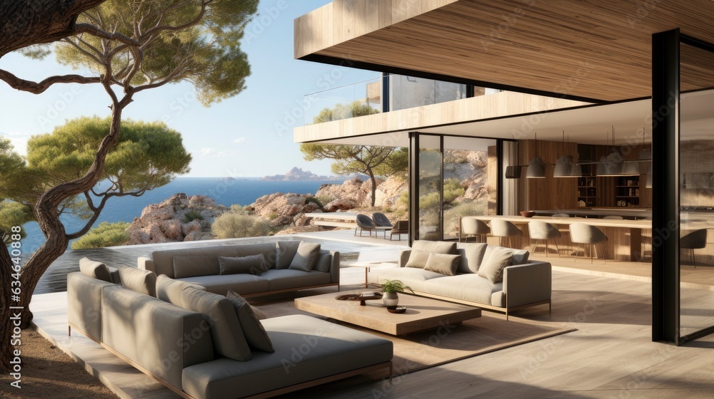 Fototapeta premium Luxury villa with terrace interior, amazing background