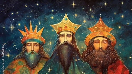 Print op canvas The Three Magi King of Orient, Epiphany Celebration, The Three Wise Men Illustra