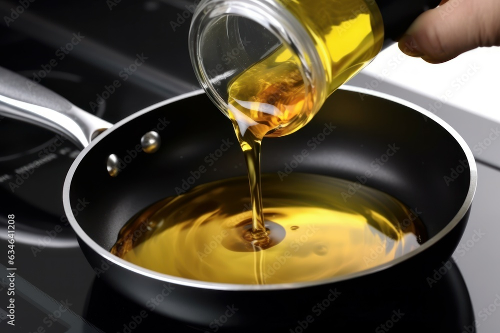 Pouring oil frying pan. Generate Ai Pouring oil frying pan. Generate Ai
