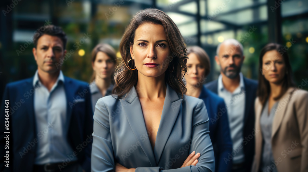 portrait of people. ฺbusiness woman and her professional team, serious mood at modren office and tower view background.
portrait of people. ฺbusiness woman and her professional team, serious mood at modren office and tower view background.
