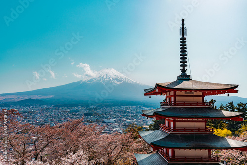 Photography A view of Mount Fuji in Japan with a traditional red Pagoda