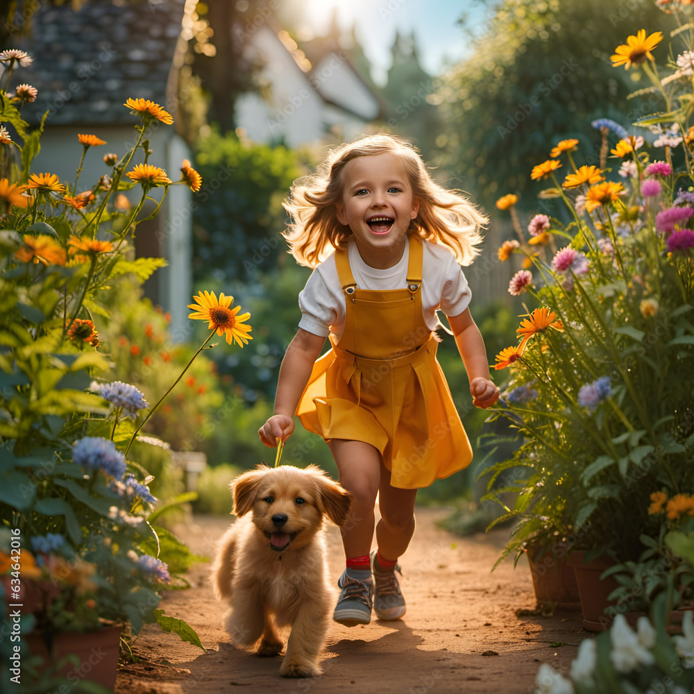 Young girl running with a puppy in a garden on a summer day. The concept of playfullness, care, love and friendship. Amazing digital illustration. CG artwork Young girl running with a puppy in a garden on a summer day. The concept of playfullness, care, love and friendship. Amazing digital illustration. CG artwork