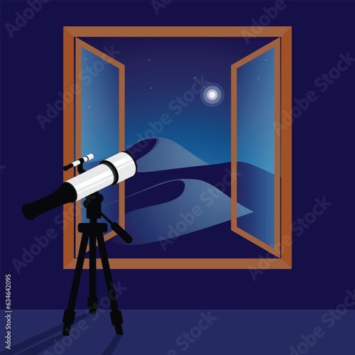 Room with telescope and big window illustration