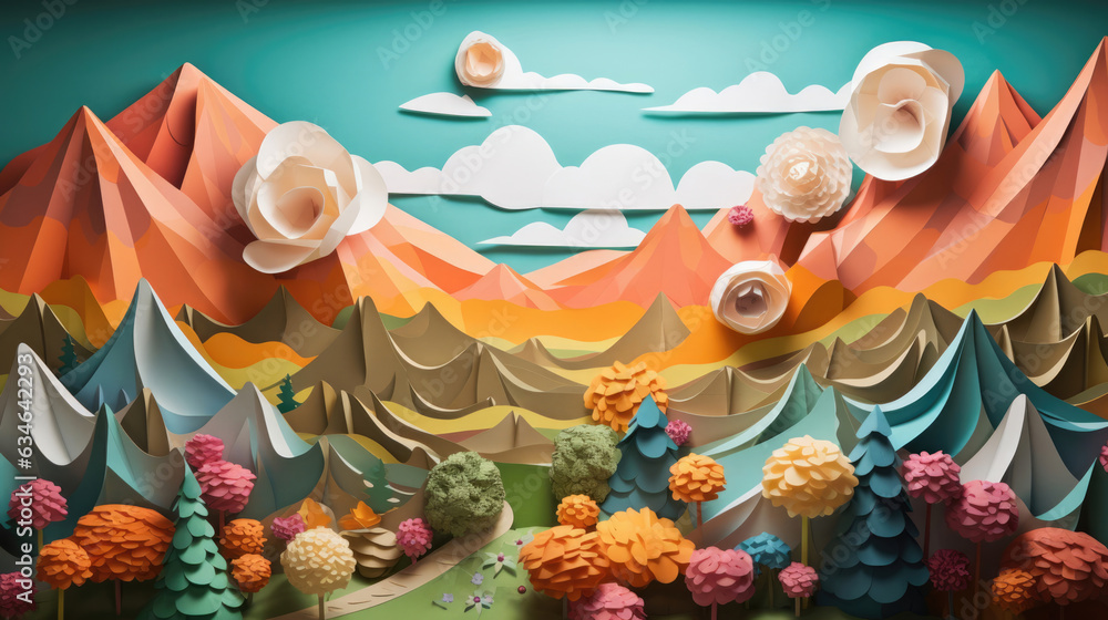 Paper Art Layered of colorful natural landscape view with sun mountain and sky