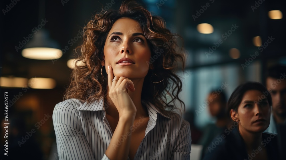 Business woman and her professional team,  look at planning broad, serious mood at modren office and tower view background.	
