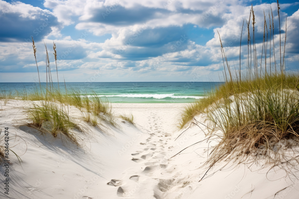 Beach with white sand and greenish-blue water, from the perspective of ...