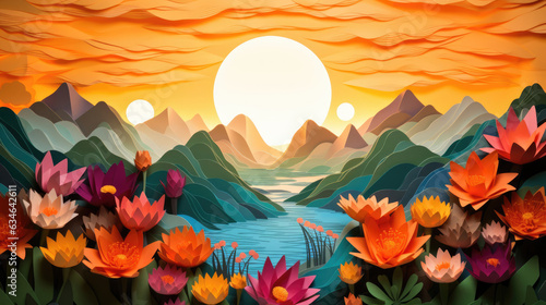 Paper Art Layered of colorful natural landscape view with sun mountain and sky