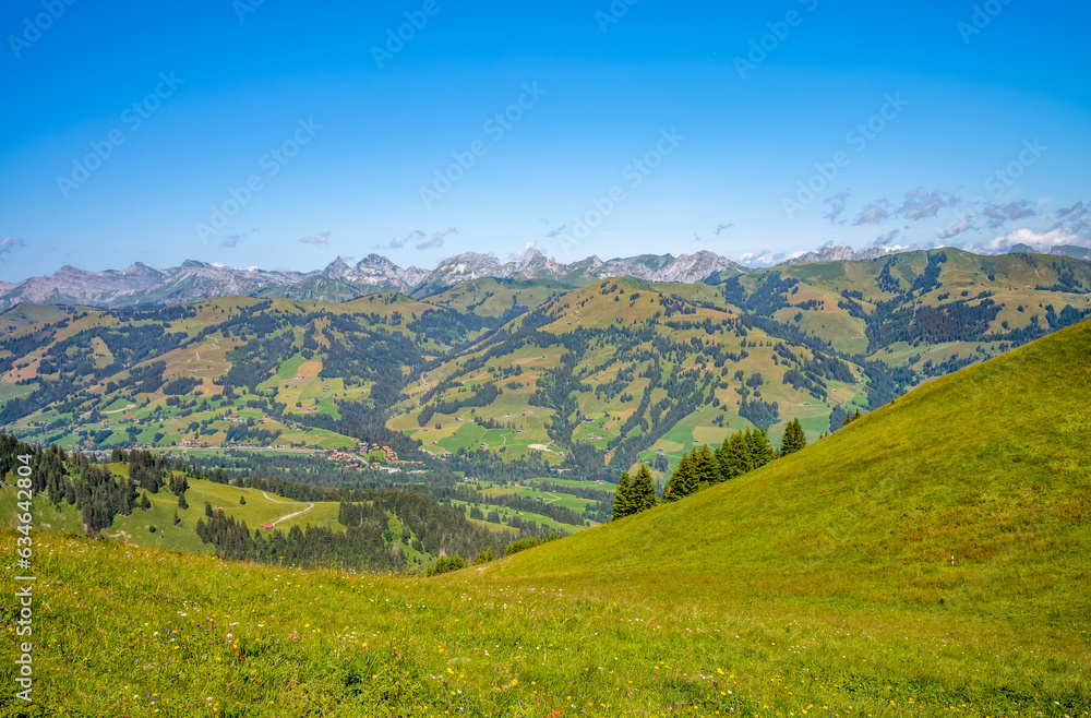 Swiss alps landscape from Rinderberg top gondola station. Gstaad, Switzerland.