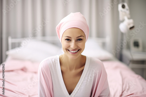 Happy cancer patient. Smiling woman after chemotherapy treatment at hospital oncology department. Breast cancer recovery. Breast cancer survivor. Portrait smiling bald woman with a pink headscarf.