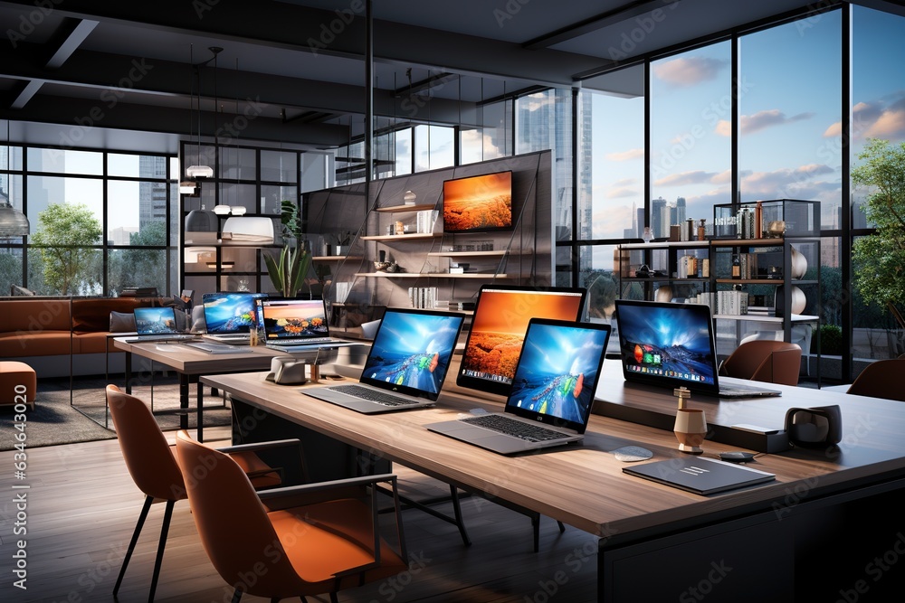 Modern office interior with computers and city view. 3D Rendering Modern office interior with computers and city view. 3D Rendering
