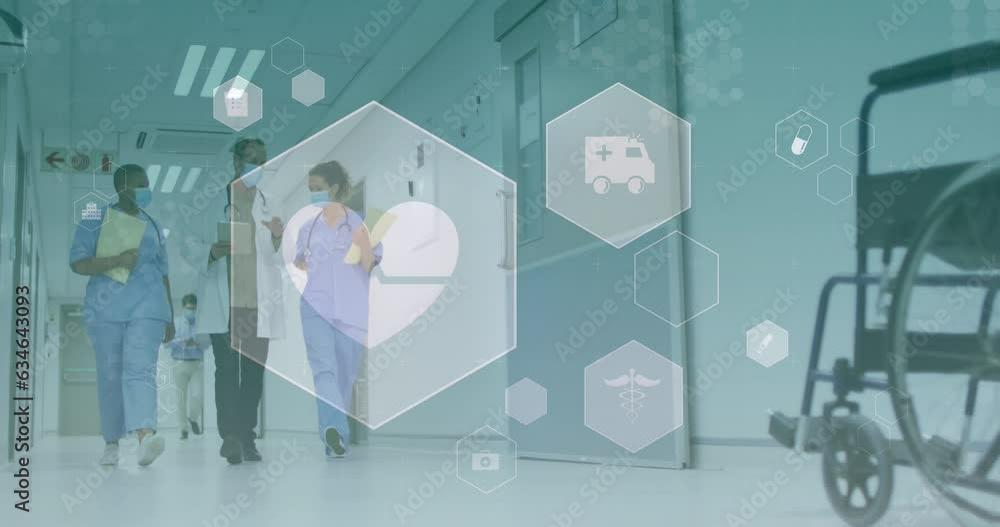 Animation of icons, diverse doctor wearing mask discussing patients reports and walking in corridor Animation of icons, diverse doctor wearing mask discussing patients reports and walking in corridor