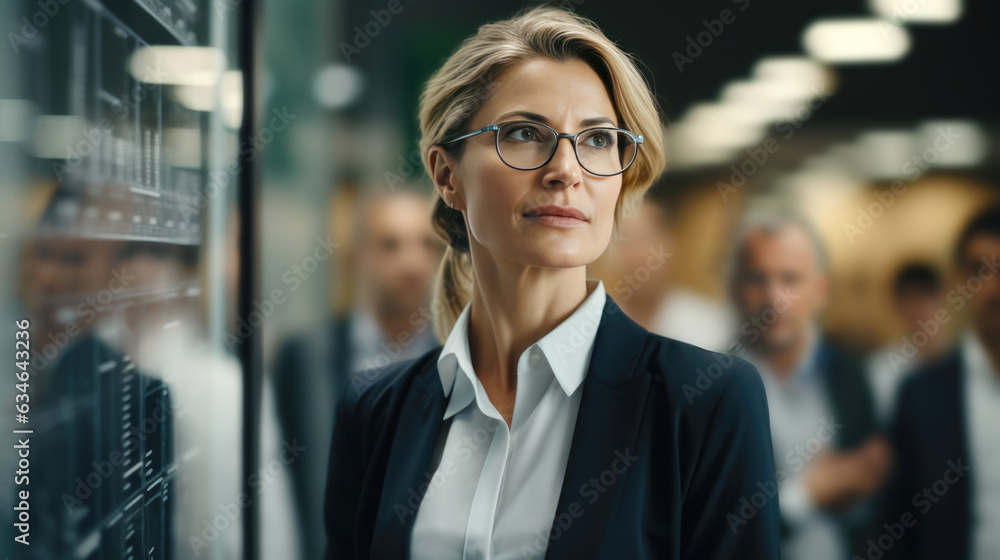 Business woman and her professional team, look at planning broad, serious mood at modren office and tower view background.
Business woman and her professional team, look at planning broad, serious mood at modren office and tower view background.