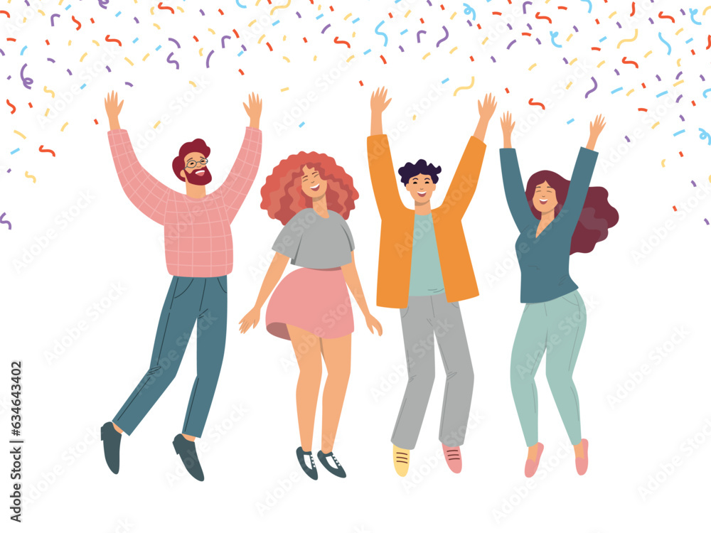 Obraz premium Happy jumping group of people, confetti around. Flat vector illustration isolated on white background