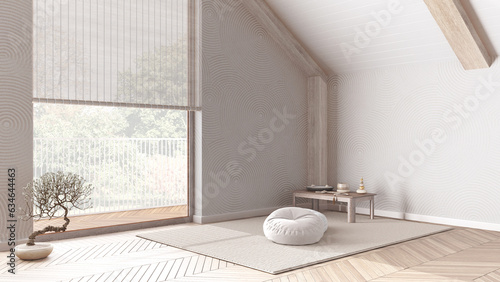 Canvas Print Japandi meditation room in white and beige tones in modern attic, pillows, tatami mats and window