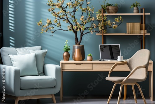 The interior of a beautiful office-style house with additional modern furniture a computer table and small plant pots a natural and inviting atmosphere.