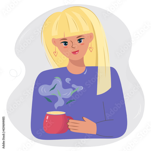 Cute girl and a cup of hot coffee or herbal tea with steam. Portrait of a blonde woman drinking coffee. Vector illustration isolated on white and gray background Suitable for poster, social media post
