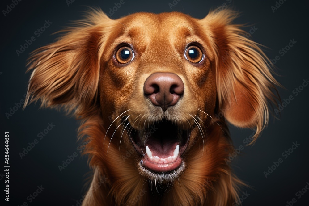 Funny portrait of dog brown Dachshund with opened mouth  on dark background.